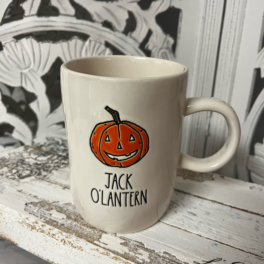 Rae Dunn Ceramic Fall Halloween Coffee Mug “Jack O’Lantern”, White & Orange
